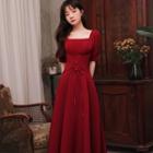 Short-sleeve Lace-up A-line Midi Evening Dress