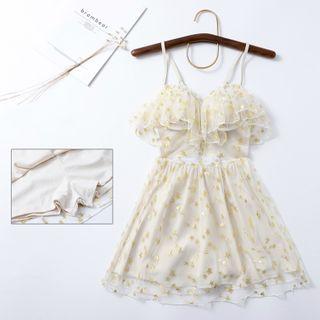 Star Print Lace-up Mesh Swim Dress