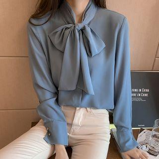 Long-sleeve Ribbon Neckline Plain Loose Fit Chiffon Shirt
