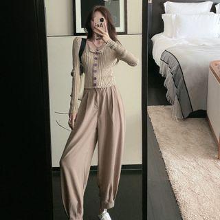 Set: Rib Knit Cardigan + High Waist Pants