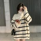 Turtleneck Ribbed Striped Sweater / Furry Buttoned Vest