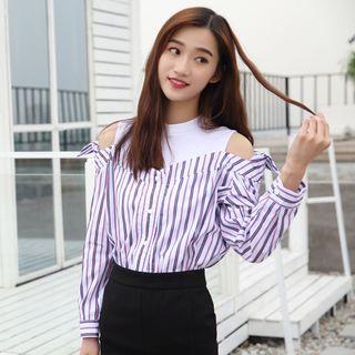 Mock Two-piece Cutout Shoulder Pinstripe Blouse