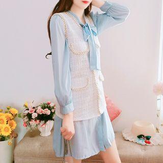 Set: Bow-accent Plain Chiffon Long Dress + V-neck Cable Trim Vest
