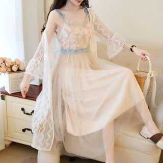 Spaghetti Strap Embroidered Midi A-line Dress / Light Jacket / Set