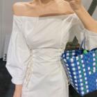 3/4-sleeve Off Shoulder Lace-up A-line Mini Dress White - One Size