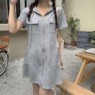 Short-sleeve Plain Hoodie Zip Dress