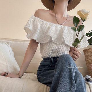 Embossed Boatneck Ruffled Crop Top As Figure - One Size