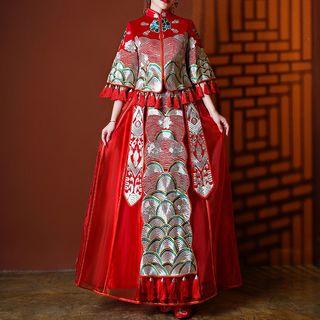 Embroidered Chinese Wedding Qipao / Headpiece / Set