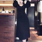 Elbow-sleeve Scoop Back A-line Midi Dress