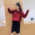 Set: Lettering Sweater + Front Slit Midi Skirt