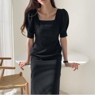 Square-neck Puff-sleeve Plain Maxi Dress