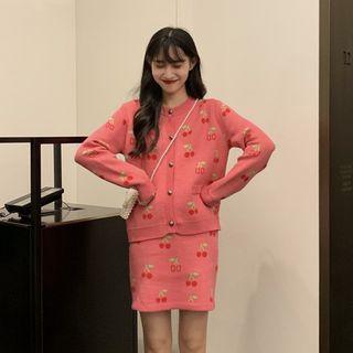 Set: Cherry Jacquard Cardigan + Mini Fitted Knit Skirt Pink - One Size