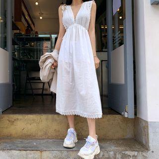 Lace-trim Tie-side Long Sundress White - One Size