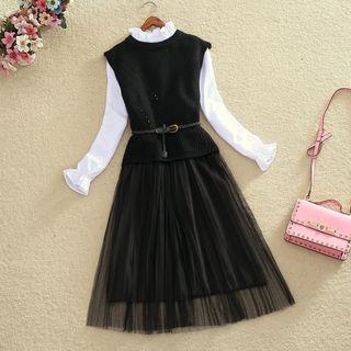 Set: Plain Sweater Vest + Frilled Neck Long-sleeve A-line Dress