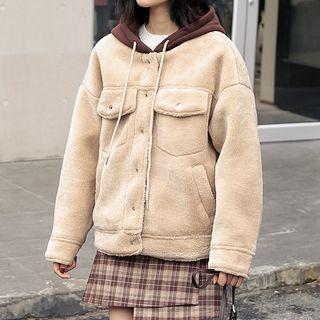 Two Tone Fleece Hooded Buttoned Jacket