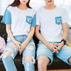 Couple Matching Color Panel Lettering Pocketed Short Sleeve T-shirt