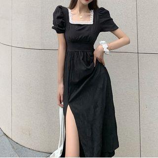 Puff Sleeve Lace Trim Square Neck Slit A-line Dress