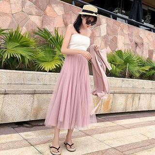 Plain High-waist Mesh Skirt Pink - One Size