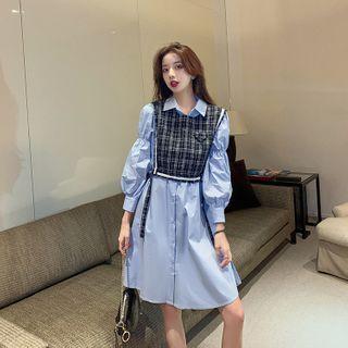 Set: Long-sleeve A-line Shirtdress + Plaid Vest
