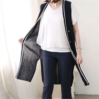 Faux-pearl Contrast-trim Knit Vest