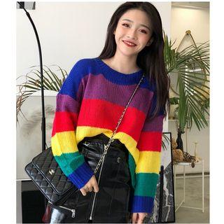 Striped Sweater / Faux-leather A-line Skirt
