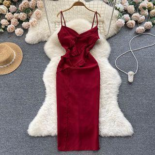 Suspender Plain Ruffle Slit Dress