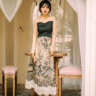 Set: Mock Two-piece Dotted Long-sleeve Top + Printed Midi A-line Skirt