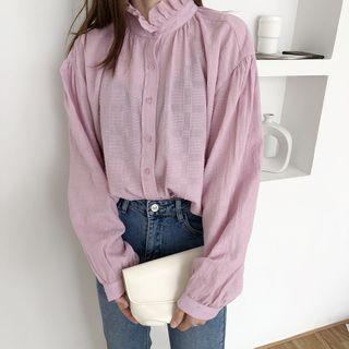 Frill Trim Stand Collar Long Sleeve Blouse