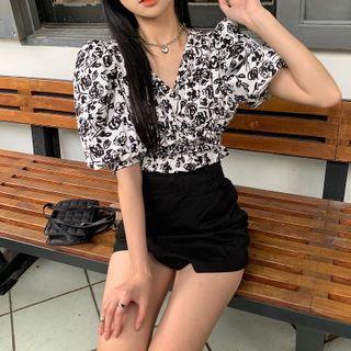 Short-sleeve Floral Print Blouse / Mini Wrap Skirt