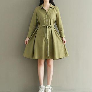 Long-sleeve Waist-tied Shirtdress
