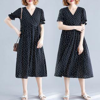 Dotted Print Lantern-sleeve V-neck Dress