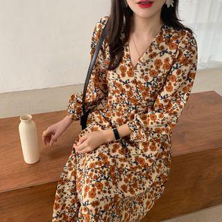 Flower Print Long-sleeve Midi A-line Dress Orange Floral - Beige - One Size