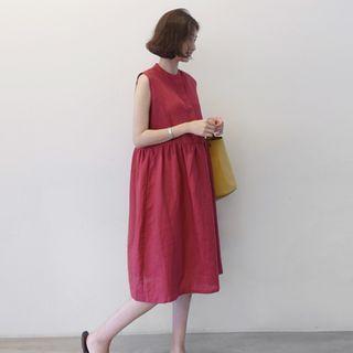 Sleeveless Mock Neck Plain A-line Shirtdress