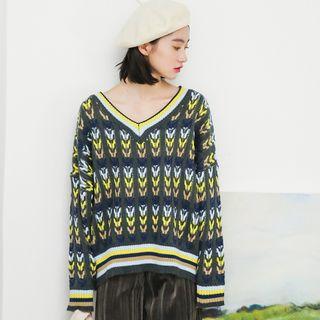 V-neck Jacquard Sweater As Shown In Figure - One Size