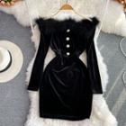 Faux Fur Trim Off Shoulder Velvet Dress Black - One Size