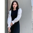Mock Two-piece Long-sleeve Ruffle Trim Midi Sheath Dress