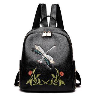 Dragonfly Embroidered Faux Leather Backpack Black - One Size