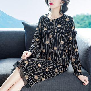 Long-sleeve Patterned Mesh Trim Shift Dress