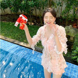Set: Frill Trim Bikini Top + Swim Shorts + 3/4-sleeve Floral Cover-up