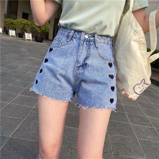 Frayed Heart Embroidered Denim Shorts