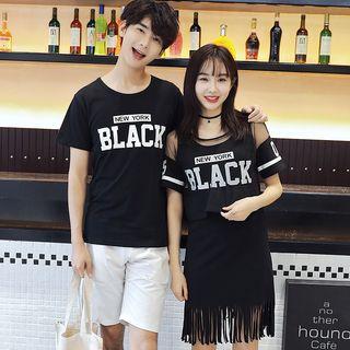 Couple Matching Set: Lettering Short-sleeve T-shirt + Shorts / Mesh Short-sleeve Top + Tank Dress