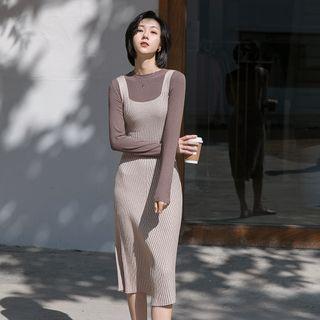 Ribbed Knit Midi Sheath Overall Dress