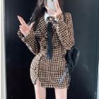 Set: Houndstooth Double-breasted Crop Jacket + Mini Skirt / Crop Shirt With Tie