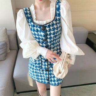 Frilled Long-sleeve Slim-fit Dress / Houndstooth Sleeveless Dress