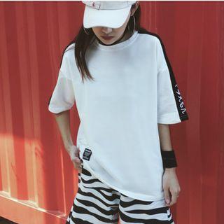 Color Block Letter Embroidered Elbow-sleeve T-shirt