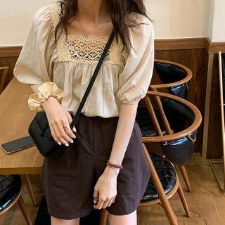 Lace Panel Elbow-sleeve Blouse / High-waist Shorts