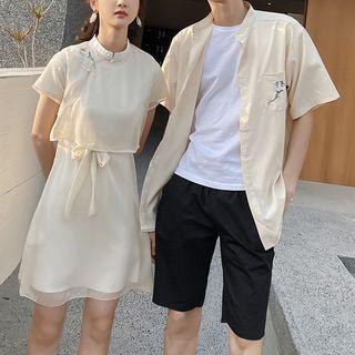 Couple Matching Short-sleeve Floral Embroidered Cheongsam Top / Shorts / Short-sleeve A-line Dress