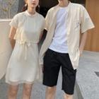 Couple Matching Short-sleeve Floral Embroidered Cheongsam Top / Shorts / Short-sleeve A-line Dress