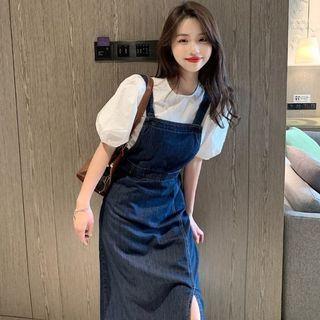 Puff-sleeve Blouse / Slit Denim Midi Sheath Overall Dress / Set
