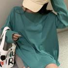 Plain Long-sleeve Slit T-shirt / Wide-leg Knit Shorts